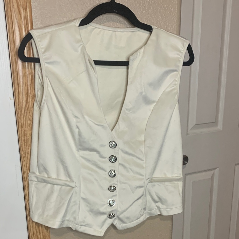 WESTERN White Faux Suede Vest V-Neck Silver Buttons